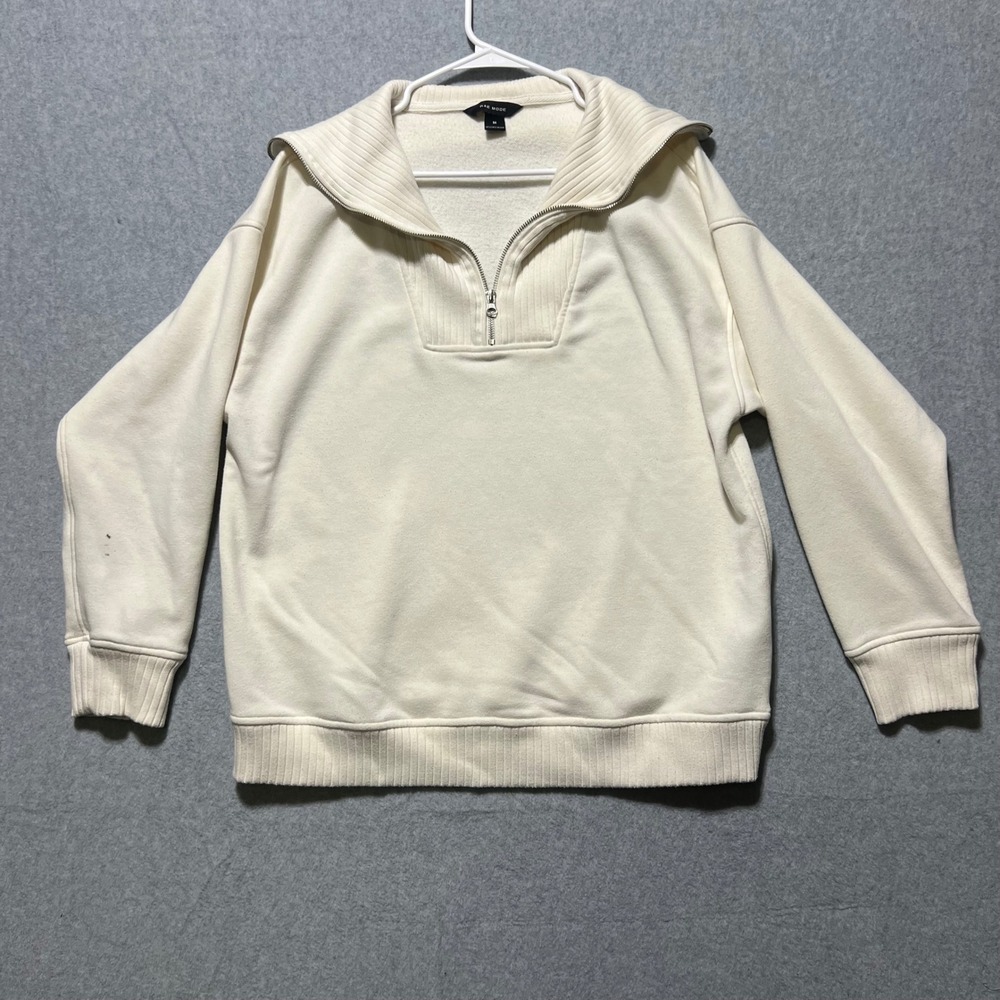 RAE MODE Cream Ribbed Collar Quarter Zip Sweatshirt Preppy Pullover Women M